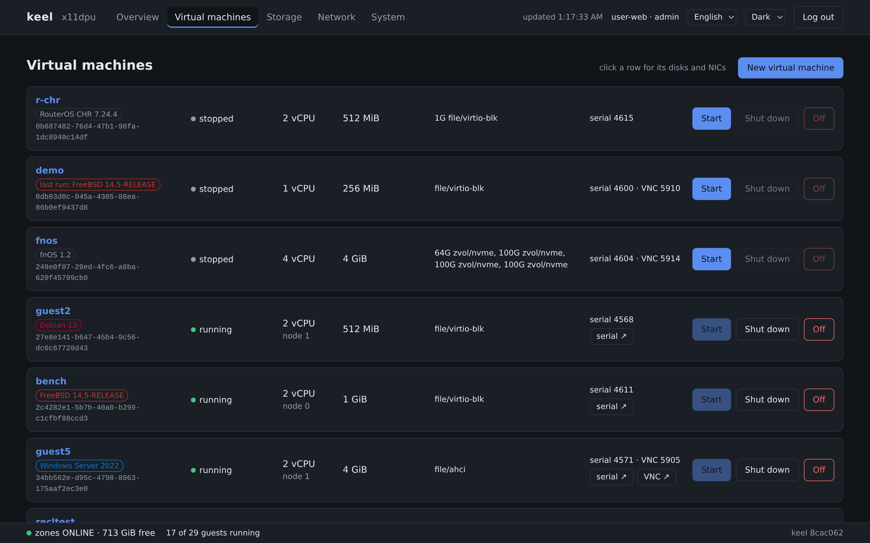 The keelOS web interface: the list of virtual machines on a development host